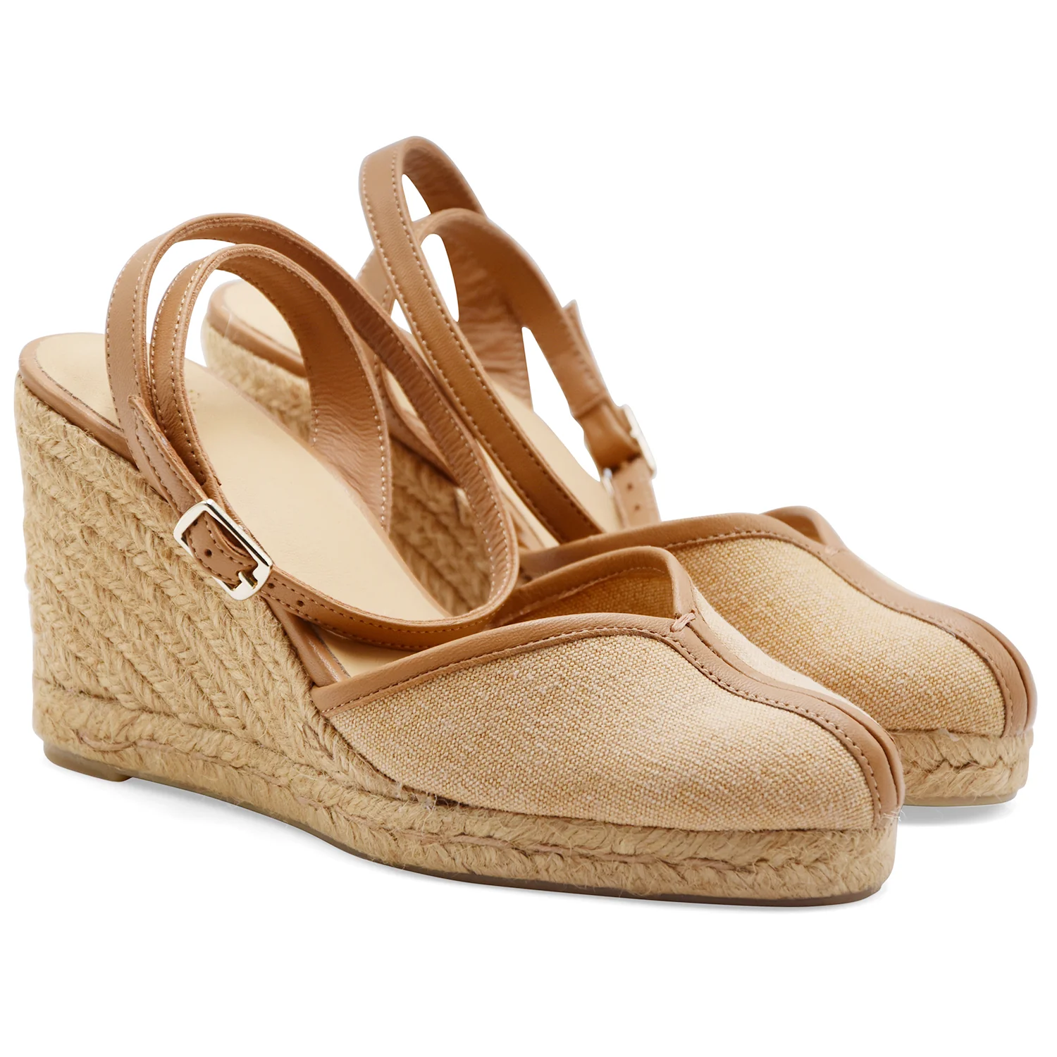 Castañer Sandali Donna CECILIA Tessuto Beige Pelle Color Cuoio - Image 3