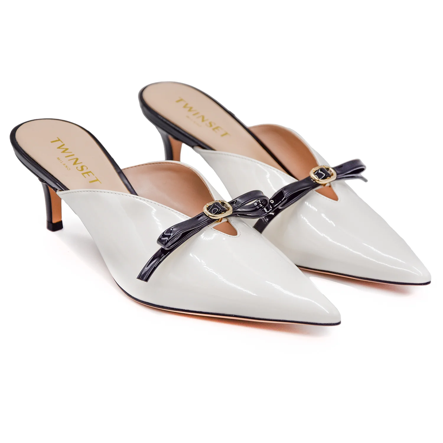 Sabot Donna Twinset Bianco Tacco Impreziosito Da Un Fiocco Nero - Image 2