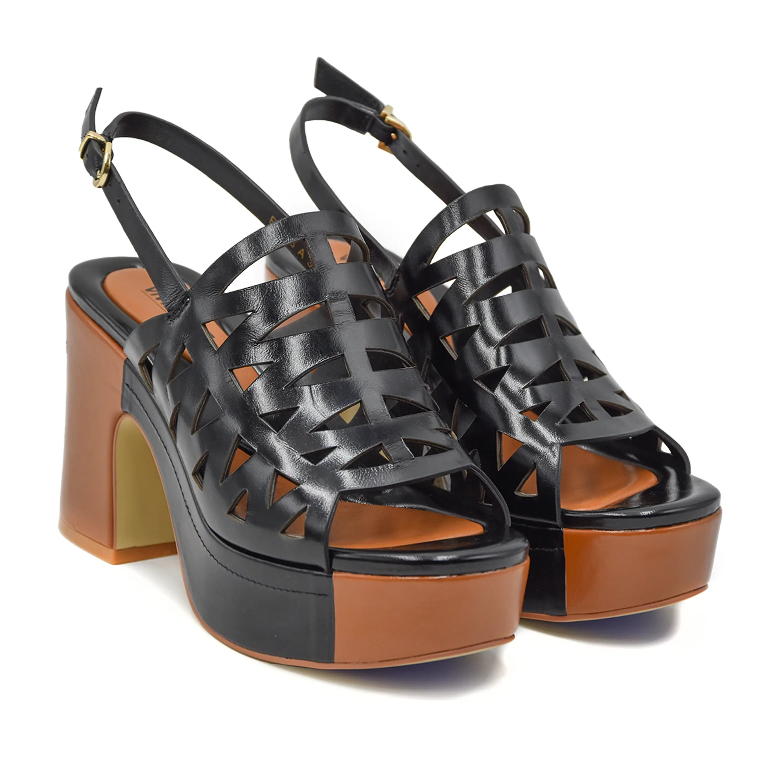 Sandali Vivien Lee Donna Nero Con Suola E Plateau Di Color Cuoio - Image 2