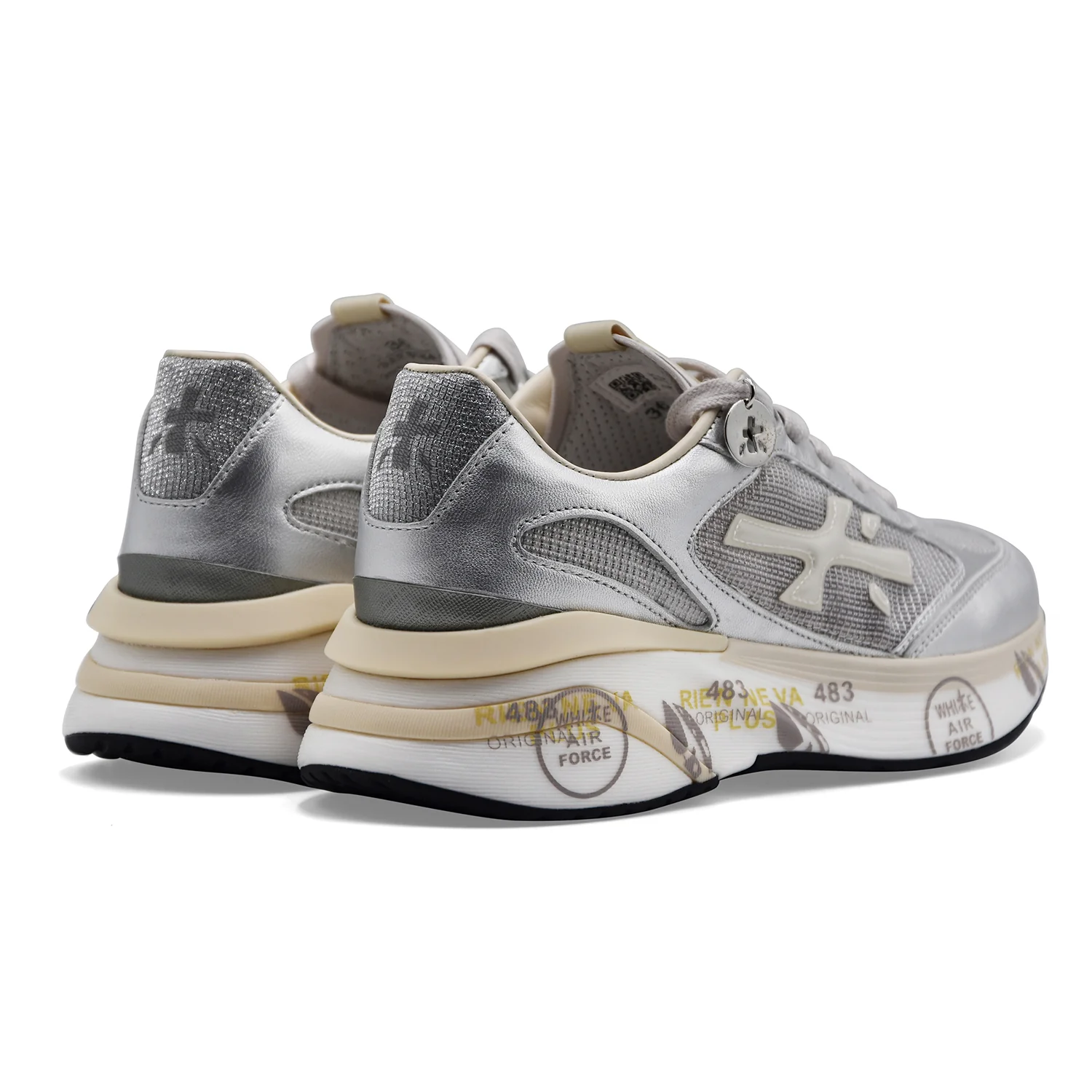 Premiata Sneakers Donna MOERUND 8084 Pelle E Tessuto Argento - Image 3