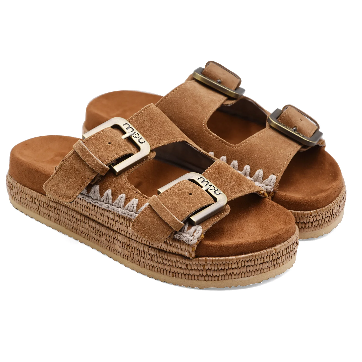 Sandali Donna Mou Two Buckle Raffia Cognac Pelle Scamosciata - Image 2
