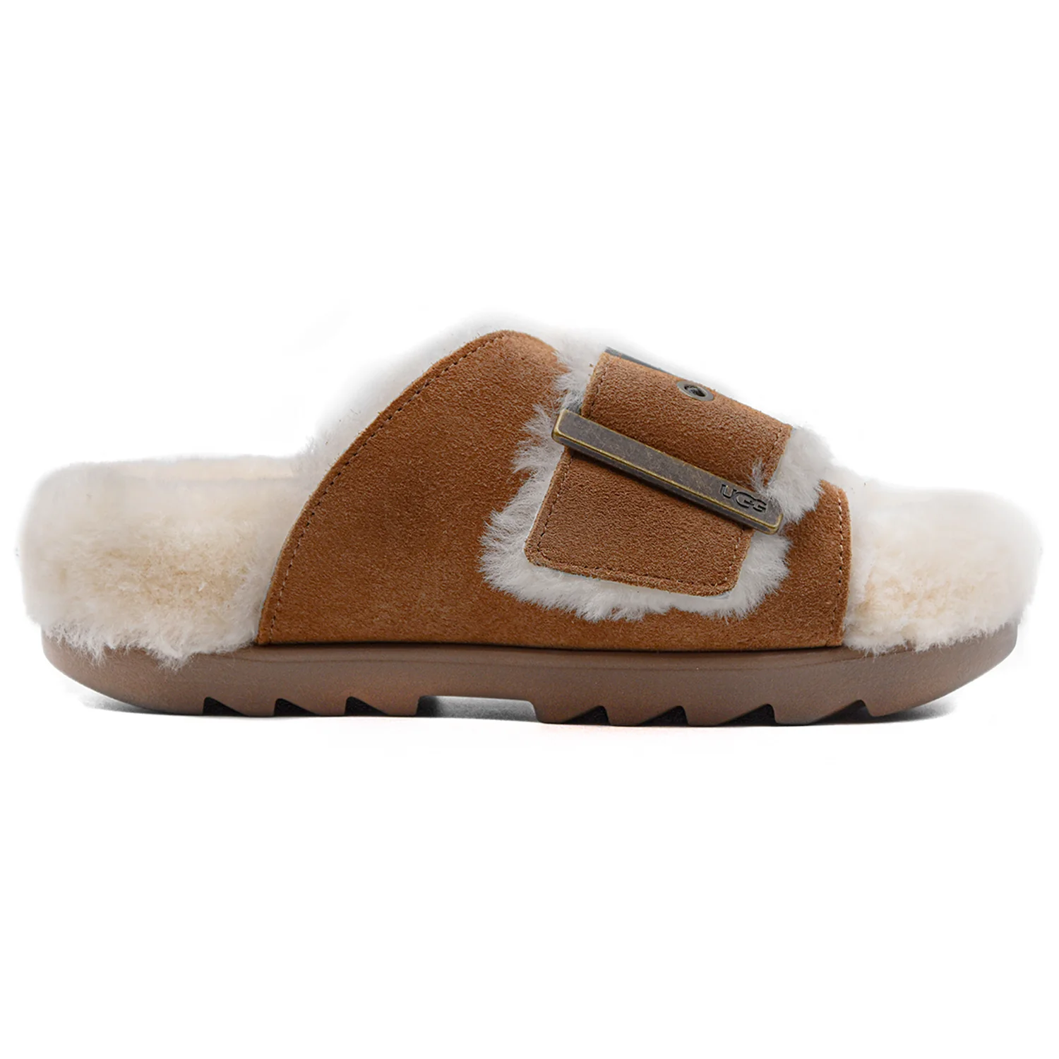 Ugg Sandali Outslide Buchle Donna Marrone Con Interno In Montone